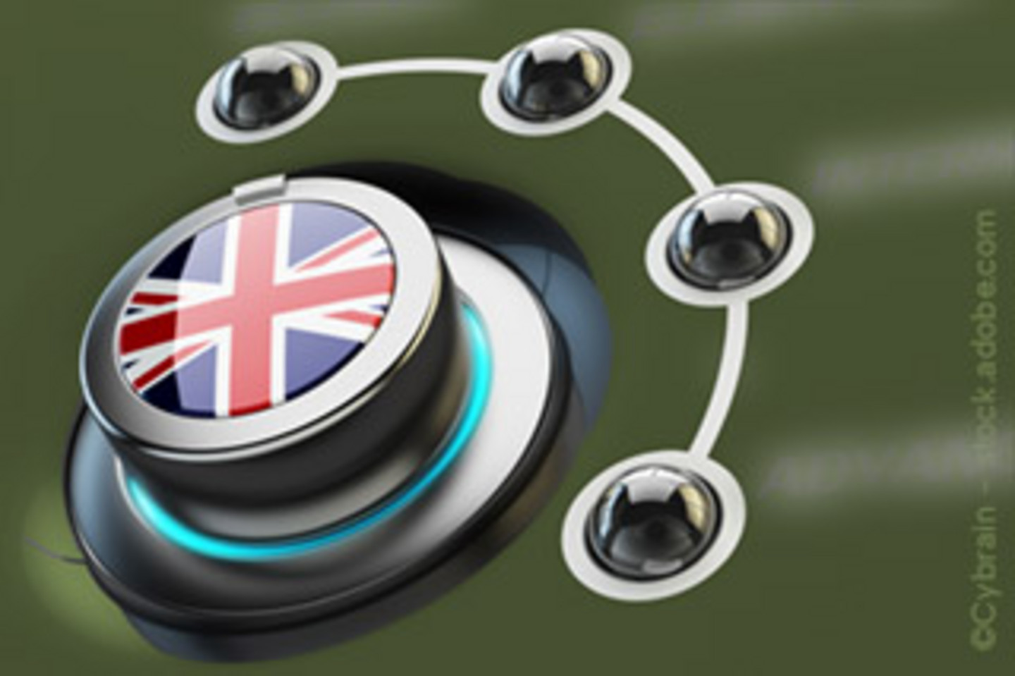 A control knob with an English flag and four other knobs arranged in a ring around it with.