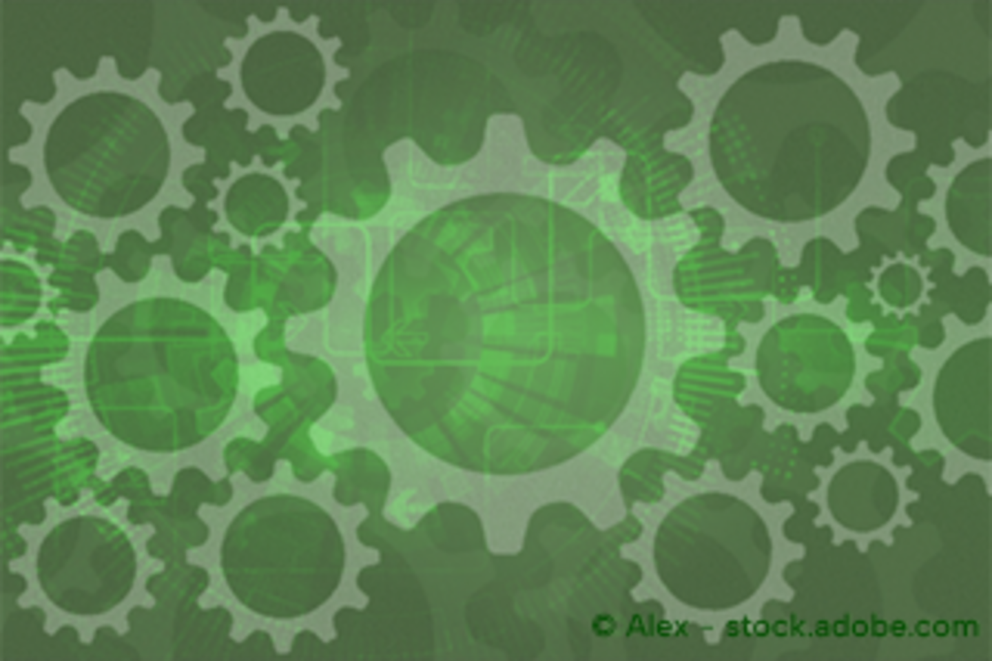 Abstract green digital background featuring interconnected white gear wheels overlaid on a circuit board pattern.