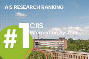 Grafik, die das Kölner Institut für Wirtschaftsinformatik (CIIS) der Universität zu Köln als Nummer 1 in Deutschland und als Spitzeninstitut in Europa und weltweit im AIS Research Ranking 2025 für Wirtschaftsinformatik hervorhebt. Drohnenaufnahme des WiSo-Gebäudes und seiner Umgebung. Text: AIS Research Ranking - Information Systems #1 CIIS“