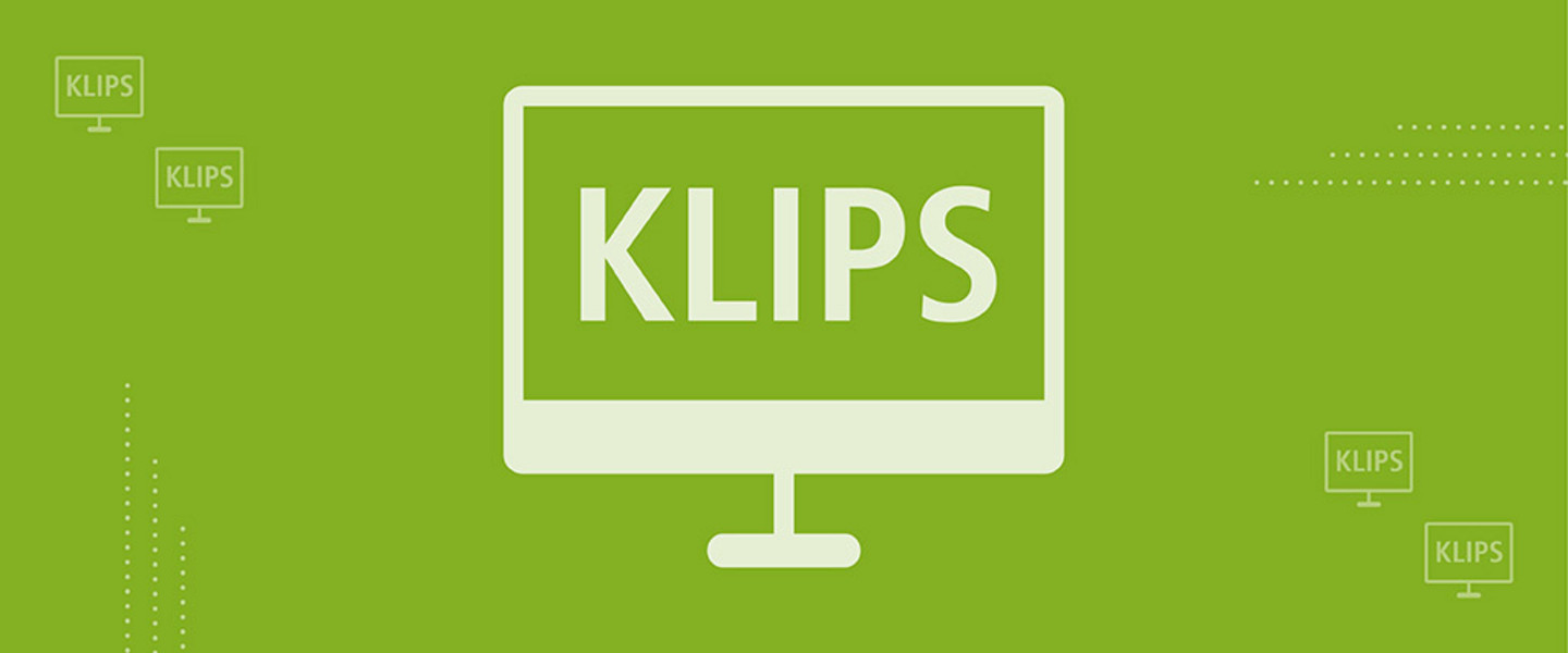 weißes Bildschirm-Icon mit Anzeige „KLIPS“ auf wisogrünem Grund