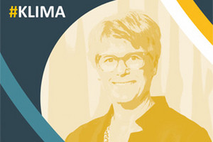 Veronika Grimm under yellow overlay in a vignette on a dark blue background with circle segments. Text: "#KLIMA"