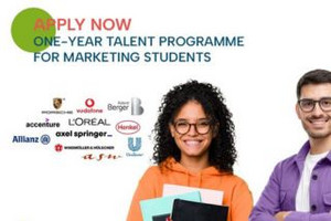 Text: Apply Now one-year talent programme for marketing students. //Picture: Two young people, a man and a woman standing next two each other, smiling. 