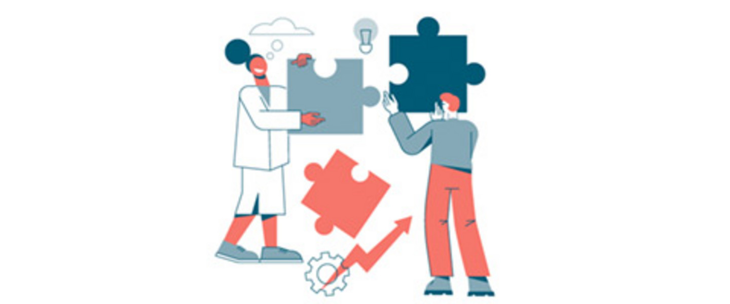 Drawing of two scientists (woman in white coat, gentleman in shirt and trousers) assembling a jigsaw puzzle together from oversized pieces. 