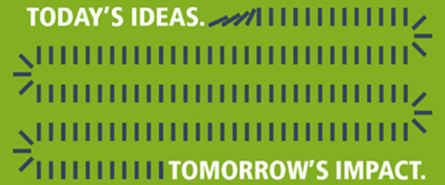 Auf grünem Hintergrund: Weiße Versalien TODAY'S IDEAS stoßen blaue s-förmige Dominosteinschlange an, die verläuft, bis zu TOMORROW'S IMPACT.
