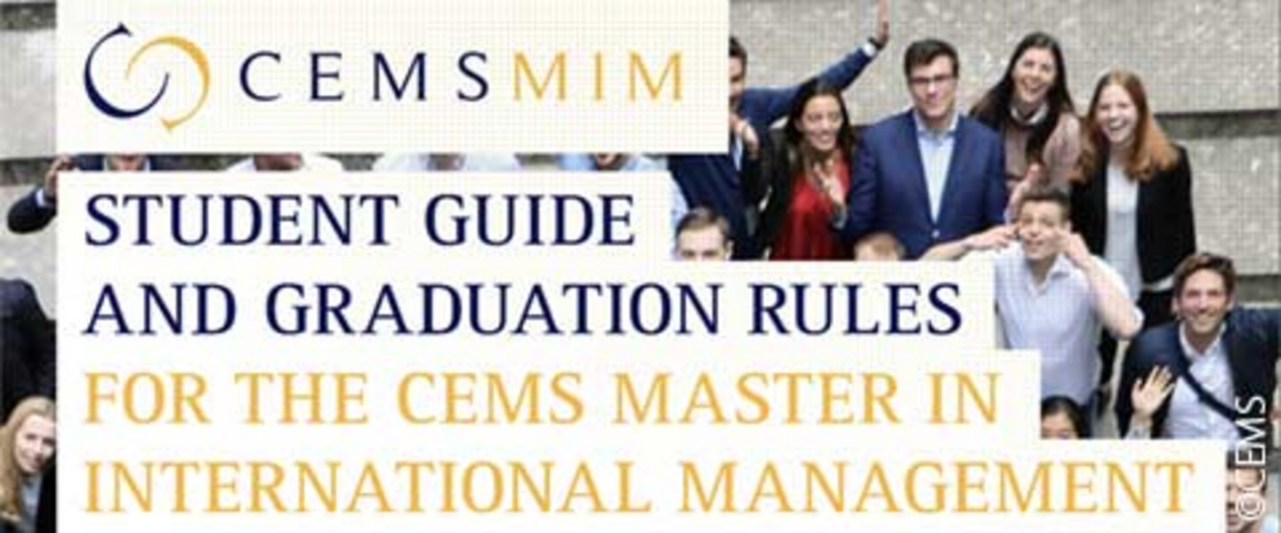 Cover picture of the CEMS MIM Student Guide. Various students sitting in front of a concrete wall. Text: „CEMSMIM - Sutdent Guide and Graduation Rules for the CEMS Master In International Management“ „