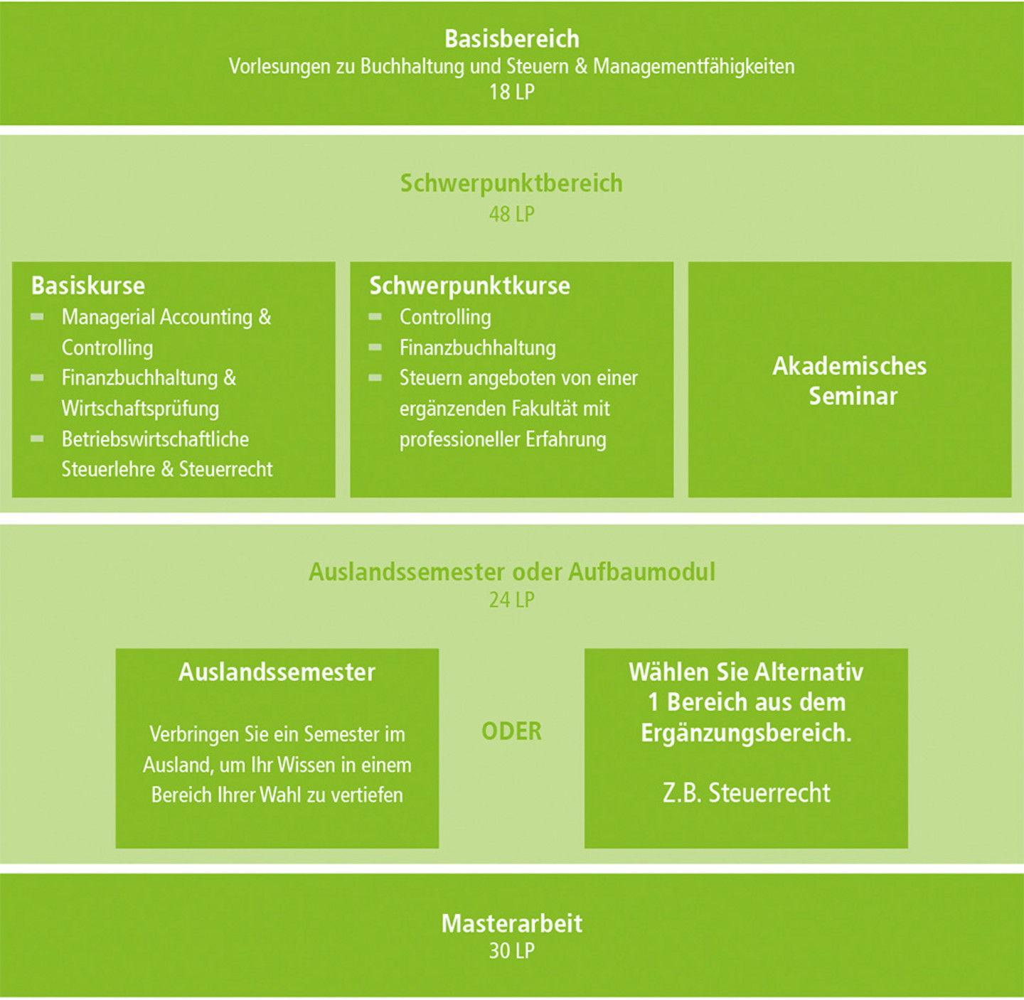 grafischer Überblick über den Masterstudiengang Business Administration - Accounting and Taxation der WiSo-Fakultät der Universität zu Köln (barrierefrei im Modulhandbuch)