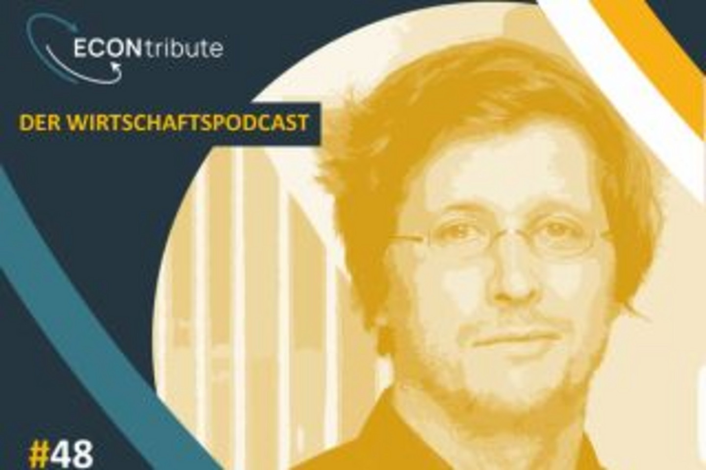 Text: Wirtschaftspodcast von ECONtribute zu aktuellen Themen: Folge 48. // Bild: Ein Bild von Moritz Schularick im typischen ECONtribute Podcast Design. (Dunkelblauer Hintergrund, gelb/weißes Bild des Gastes im Podcast).