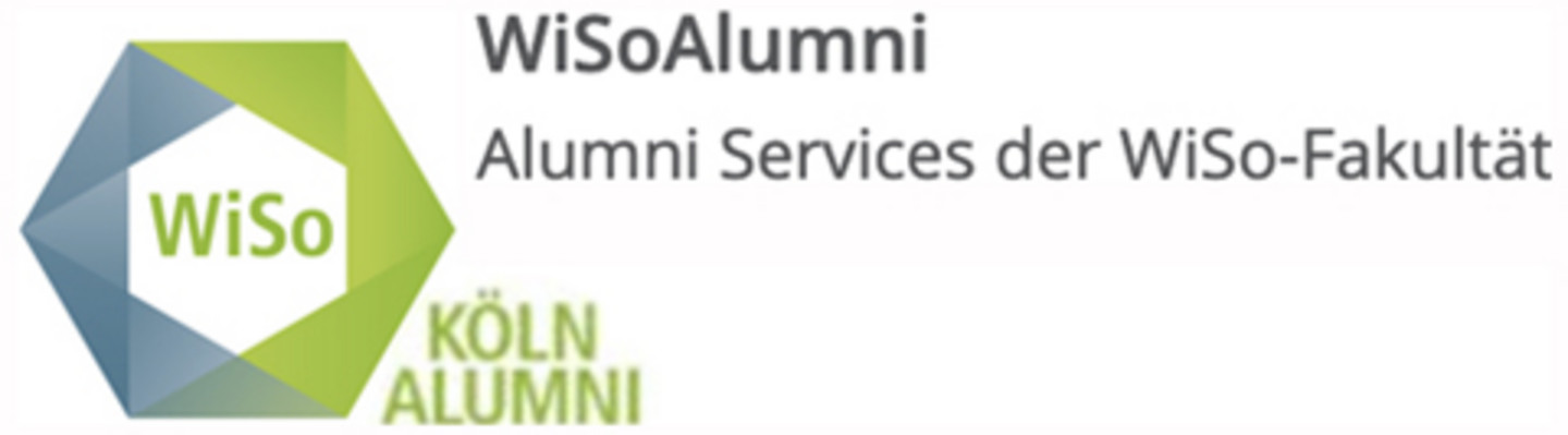 Köln-Alumni-WiSo-Logo (blau grün gerahmtes Sechseck mit Schriftzug WiSo in der Mitte). Text: „KÖLNALUMNI - WiSoAlumni - Alumni Services der WiSo-Fakultät“