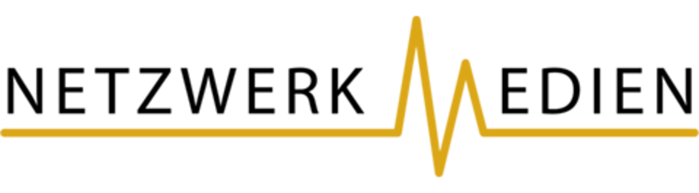 Logo of the Media Network of the University of Cologne - word mark with yellow intermediate line, shape of the "M" approximating the Cologne Cathedral