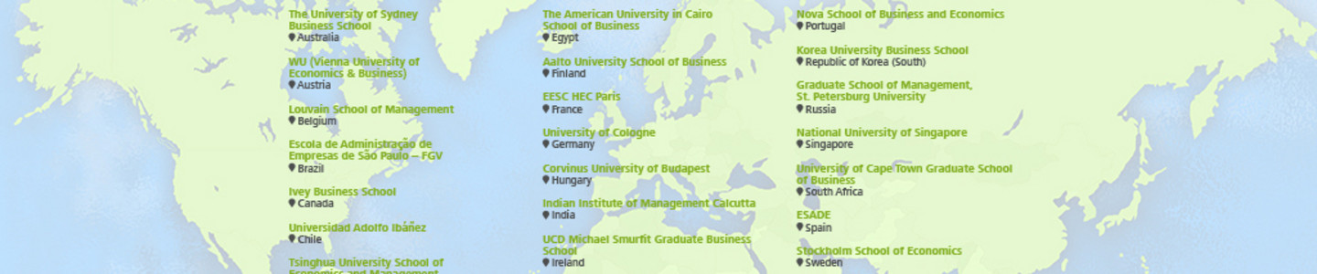Auszug aus einer Liste der CEMS-Partnerhochschulen vor einer Weltkarte