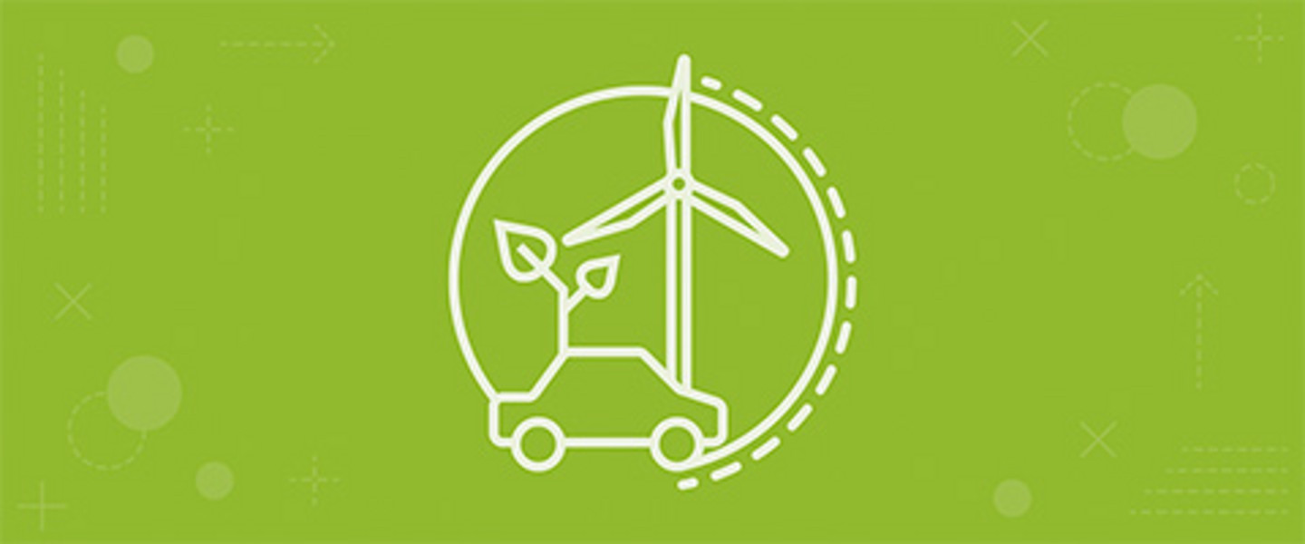Icon zur WiSo Key Research Initiative nachhaltige Smart Energy und Mobilität: Ein Auto, ein Windrad und ein Keimling in einer Kreislinie auf grünem Hintergrund
