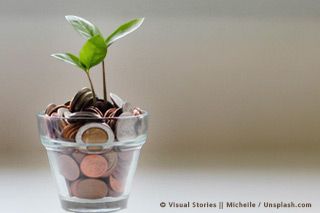 Sprössling, der aus einem durchsichtigen, gläsernen Blumentopf voller Münzen herauswächst