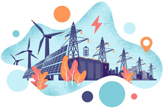 Zeichnung eines Kraftwerks mit Strommasten