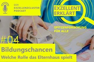 Kinderhand mit Spielzeugauto  -Text: „Der Exzellenzcluster Podcast: „Exzellent erklärt,Spitzenforschung für alle“. 04: Bildungschancen, welche Rolle das Elternhaus spielt“