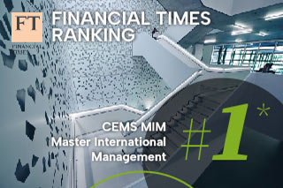 Excellent result for the CEMS MIM at the University of Cologne in the Financial Times Masters in Management Ranking 2024. Once again Germany's best international study experience - Learning: Public universities also offer top management education!  An open, futuristic staircase in the Student Service Centre at the University of Cologne. Text: ‘Financial Times Ranking - CEMS MIM Master International Management - #1*’