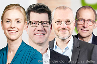 Portrait of four professors from the WiSo Faculty: Prof. Dr Anna Burmeister, Prof. Dr Wolfgang Ketter, Prof. Dr Dirk Sliwka, and Prof. Ulrich Thonemann, Ph.D..