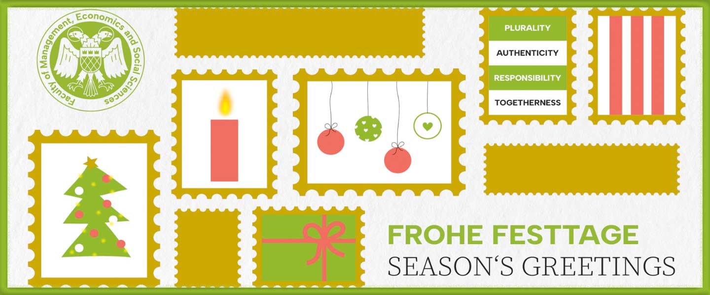 Festtagsgrußkarte der Fakultät für Wirtschafts- und Sozialwissenschaften der Universität zu Köln mit weihnachtlichen Elementen wie einem Weihnachtsbaum, einer Kerze, Kugeln und einem Geschenk in briefmarkenähnlichen Rahmen. Das Design betont die Werte: Pluralität, Authentizität, Verantwortungsbewusstsein und Gemeinschaft mit der Botschaft 'Frohe Festtage' und 'Season's Greetings' in grüner und schwarzer Schrift.