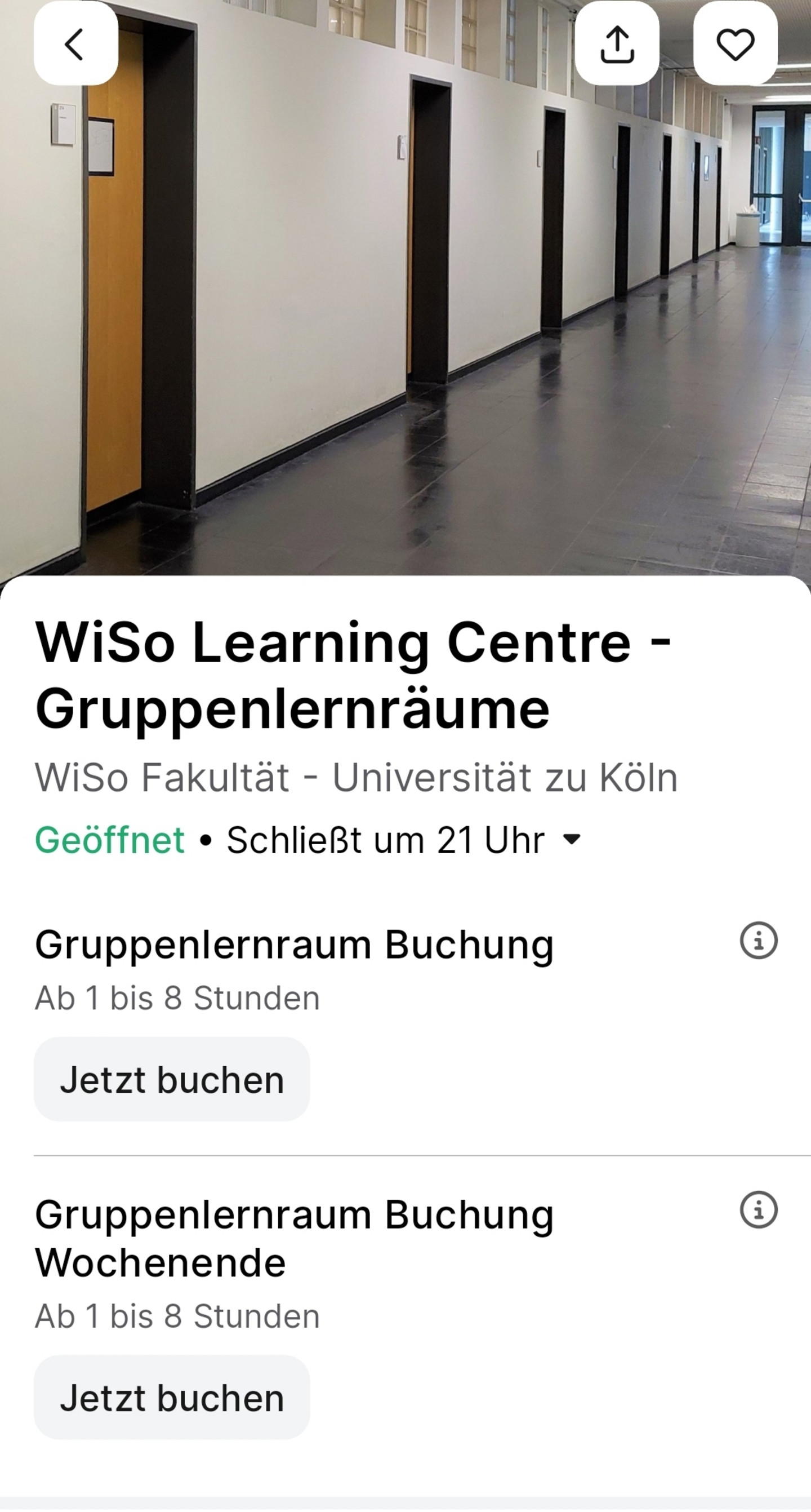 anny App-Ansicht - Gruppenlernräume, Buchungsoptionen (am Wochenende)