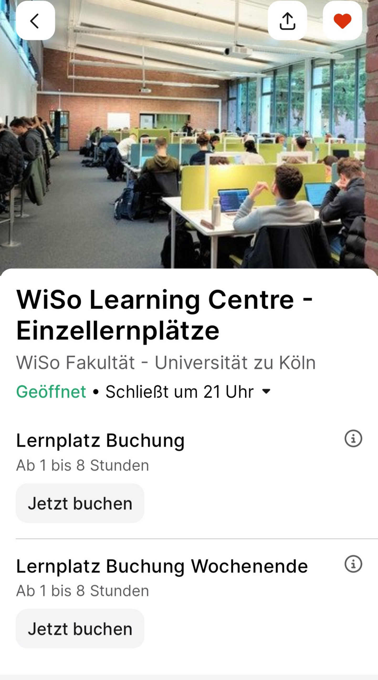 anny App-Ansicht - Einzellernplätze, Buchung am Wochenende 