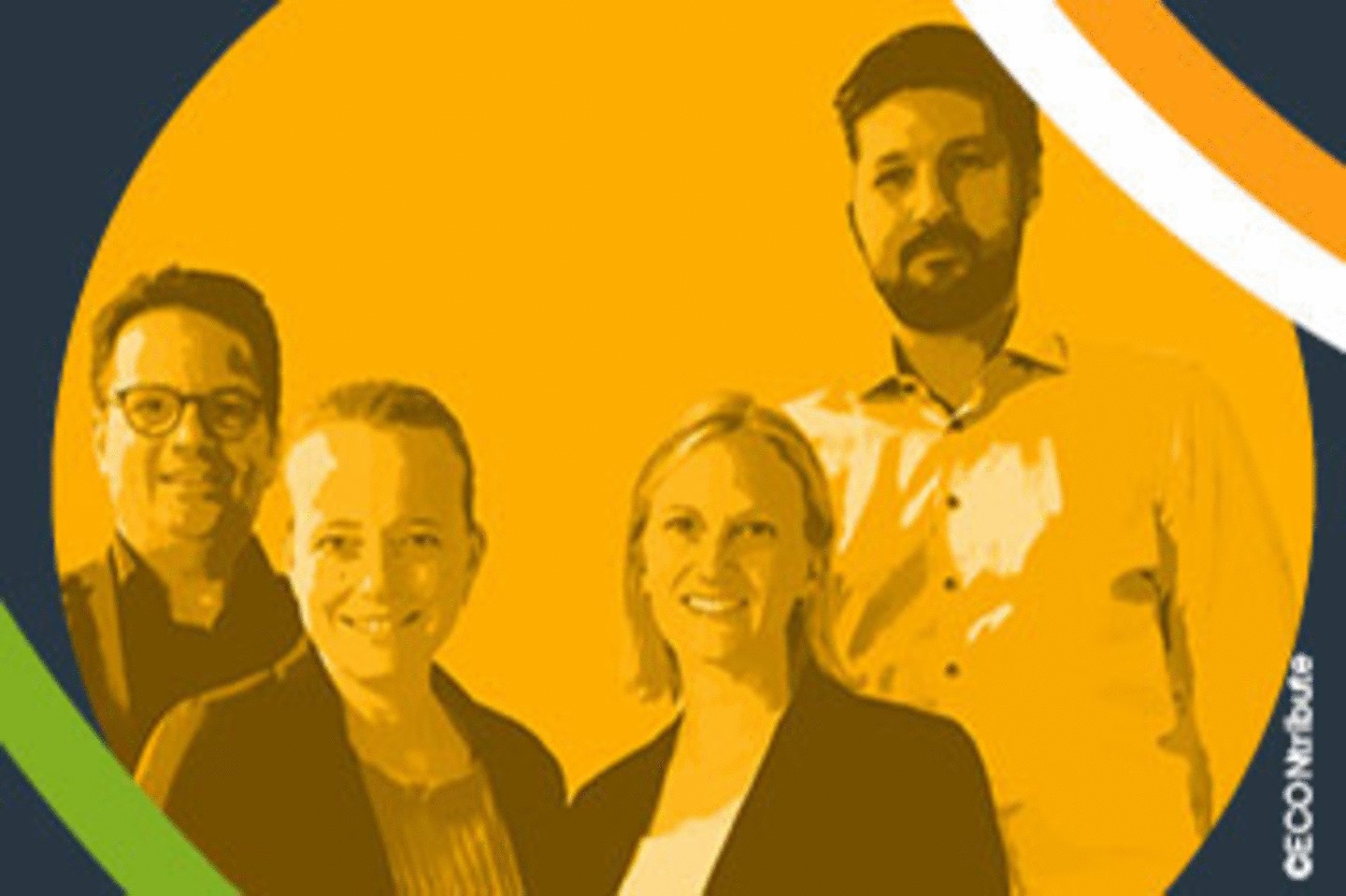 Gruppenfoto der Sprecherinnen und Sprecher des Exzellenzclusters ECONtribute der Universitäten Bonn und Köln, Prof. Dr. Thomas Dohmen, Prof. Dr. Pia Pinger, Geschäftsführerin Dr. Carola Braun, Prof. Dr. Matthias Heinz in Businesskleidung vor orangem Hintergrund mit grafischen Elementen.