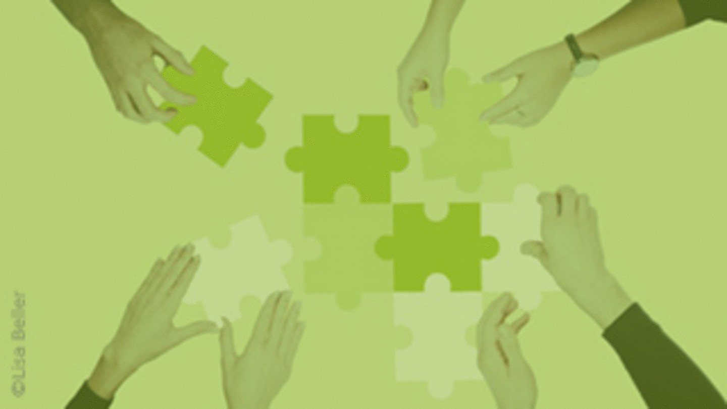 Vier Hände legen gemeinsam ein WiSo-Key-Research-Initiatives-Puzzle.