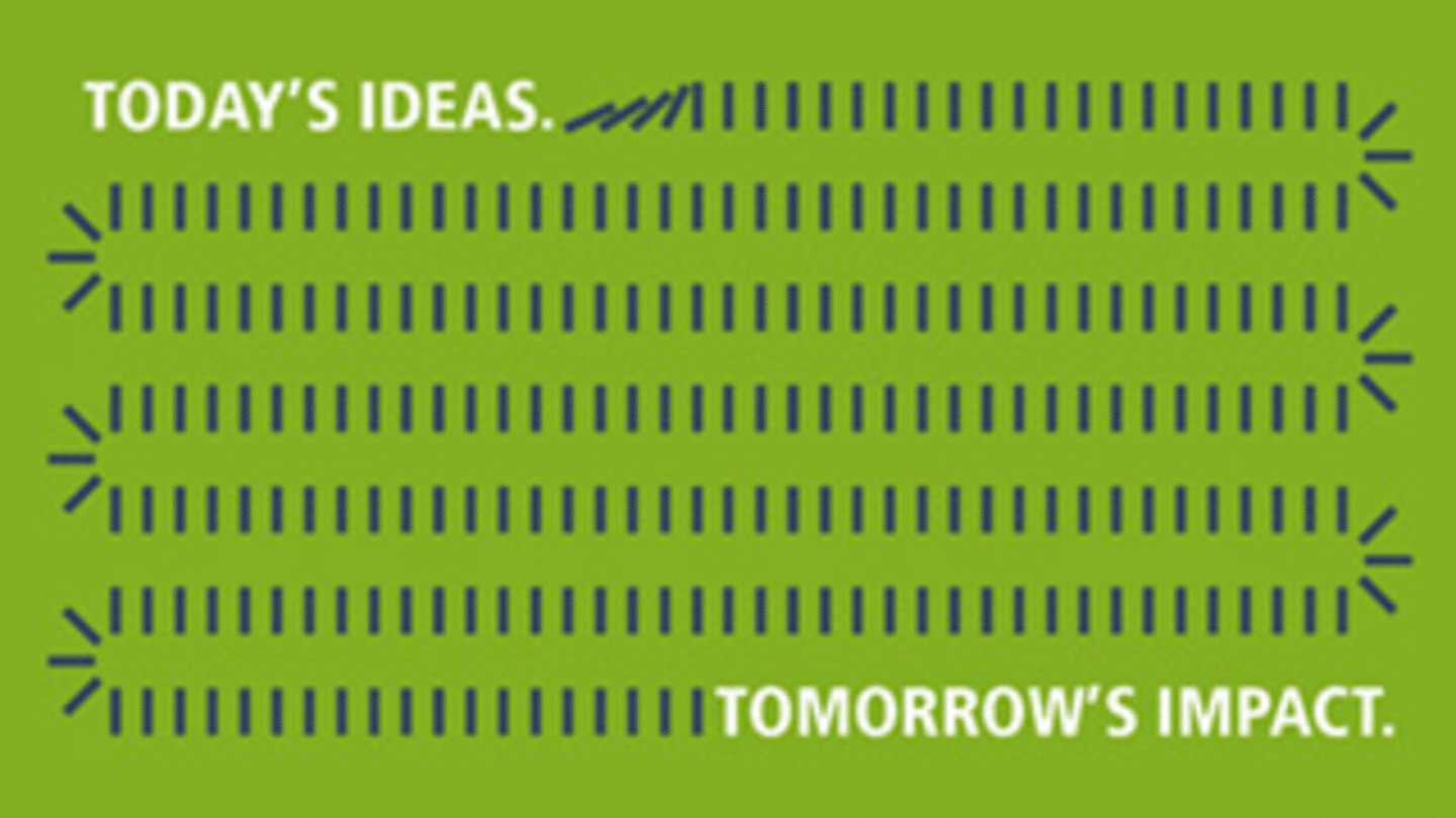 Der WiSo Slogan Today's ideas. Tommorow's impact, weiß geschrieben vor grüneingefärbtem Hintergrund mit jungen hochspringenden Menschen vor dem WiSo-Hochhaus