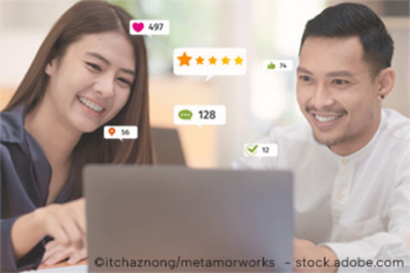 Two people sitting in front of a laptop. The woman is pointing at the screen the man is looking at the screen, smiling. There are some 5 star ratings, likes, and comment emojis loating around in the whole picture. 